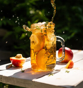 a glass of tea being poured with slices of fresh peach